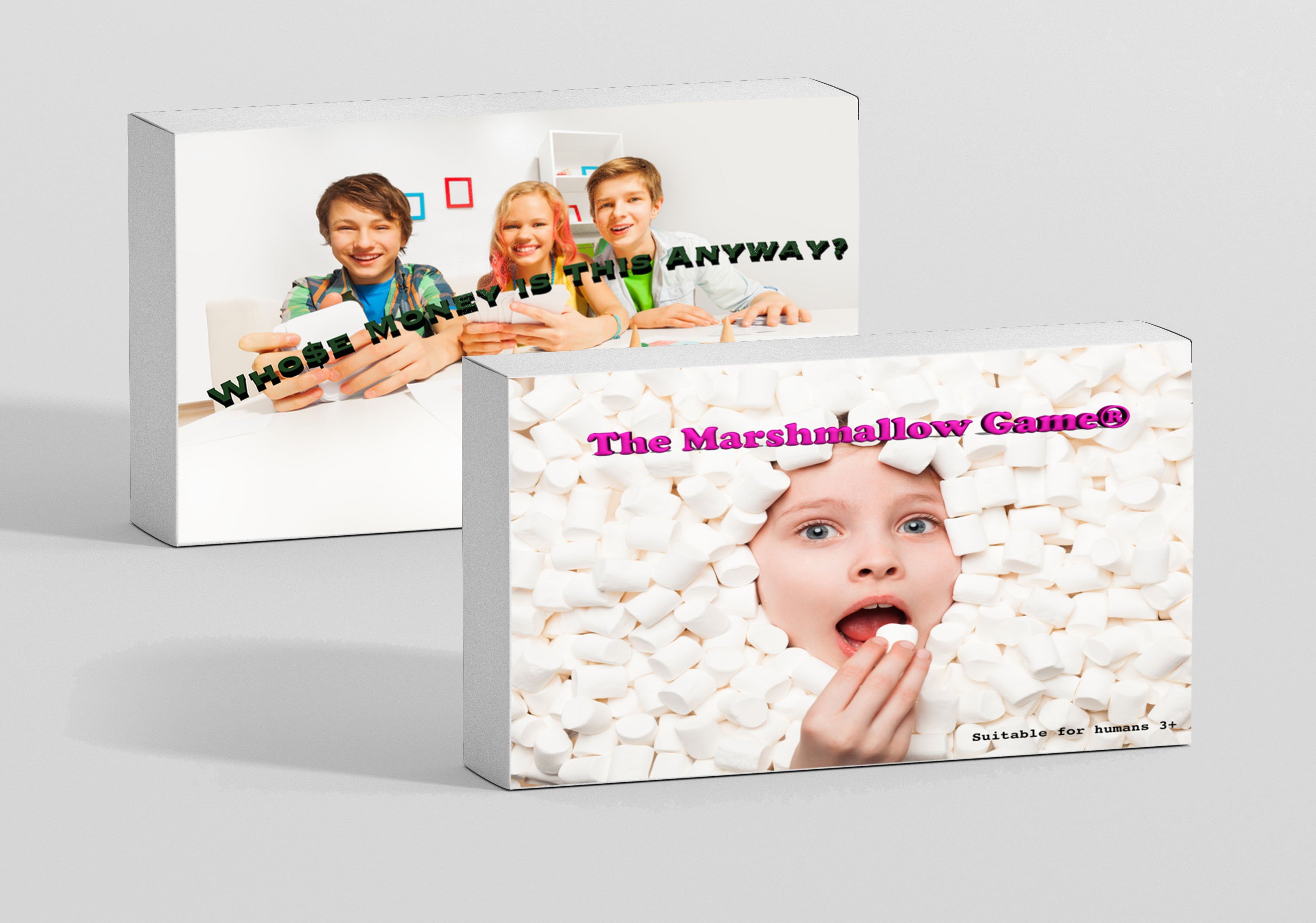 Two game boxes with children on the front. In one, three kids are playing a board game and the title says, "whose money is this anyways?" On the other, a child is surrounded by marshallows and is eating a marshmallow, and the title is "The marshmallow game."