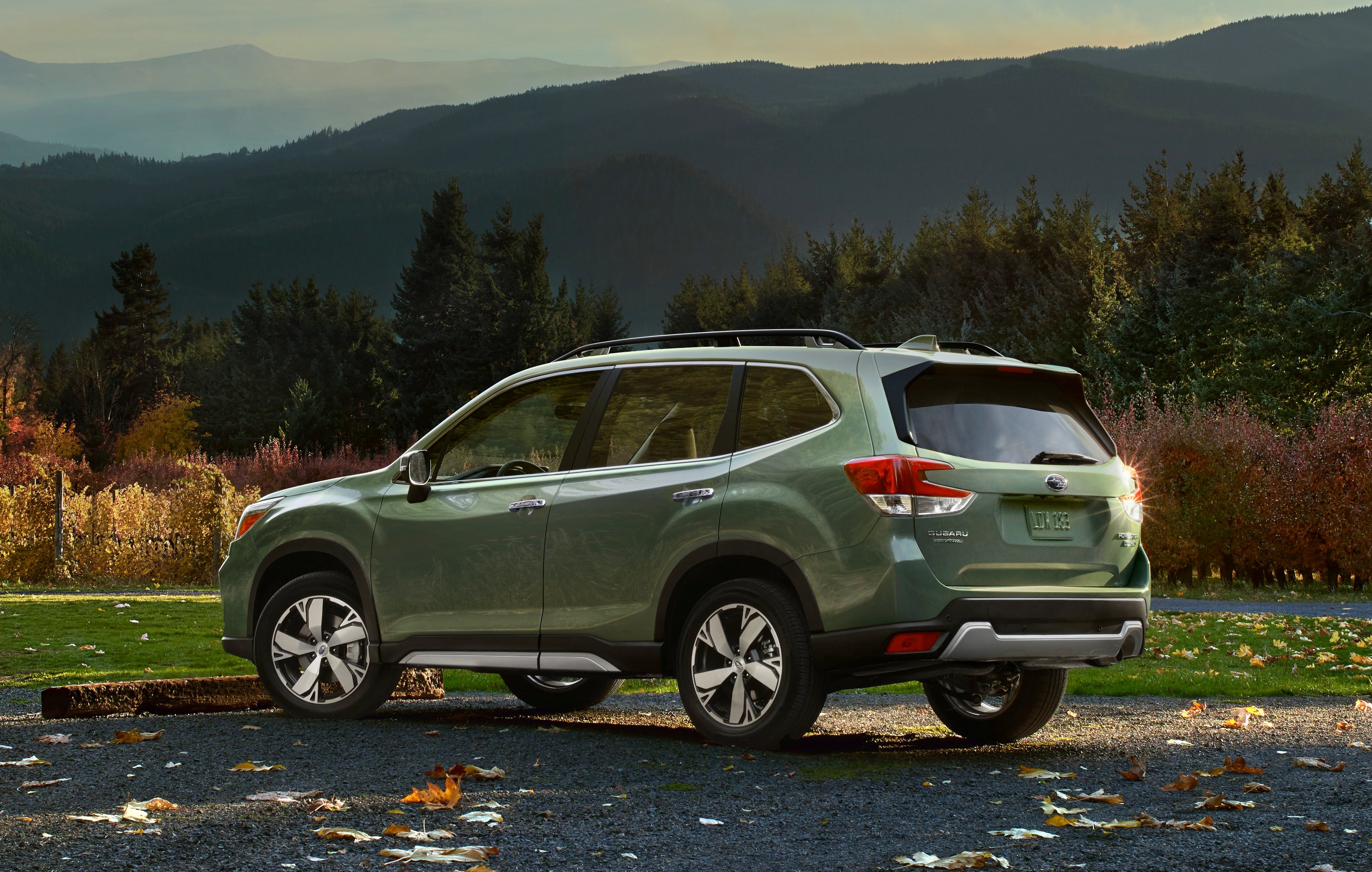 A rear-three-quarter view of a green 2019 Subaru Forester.