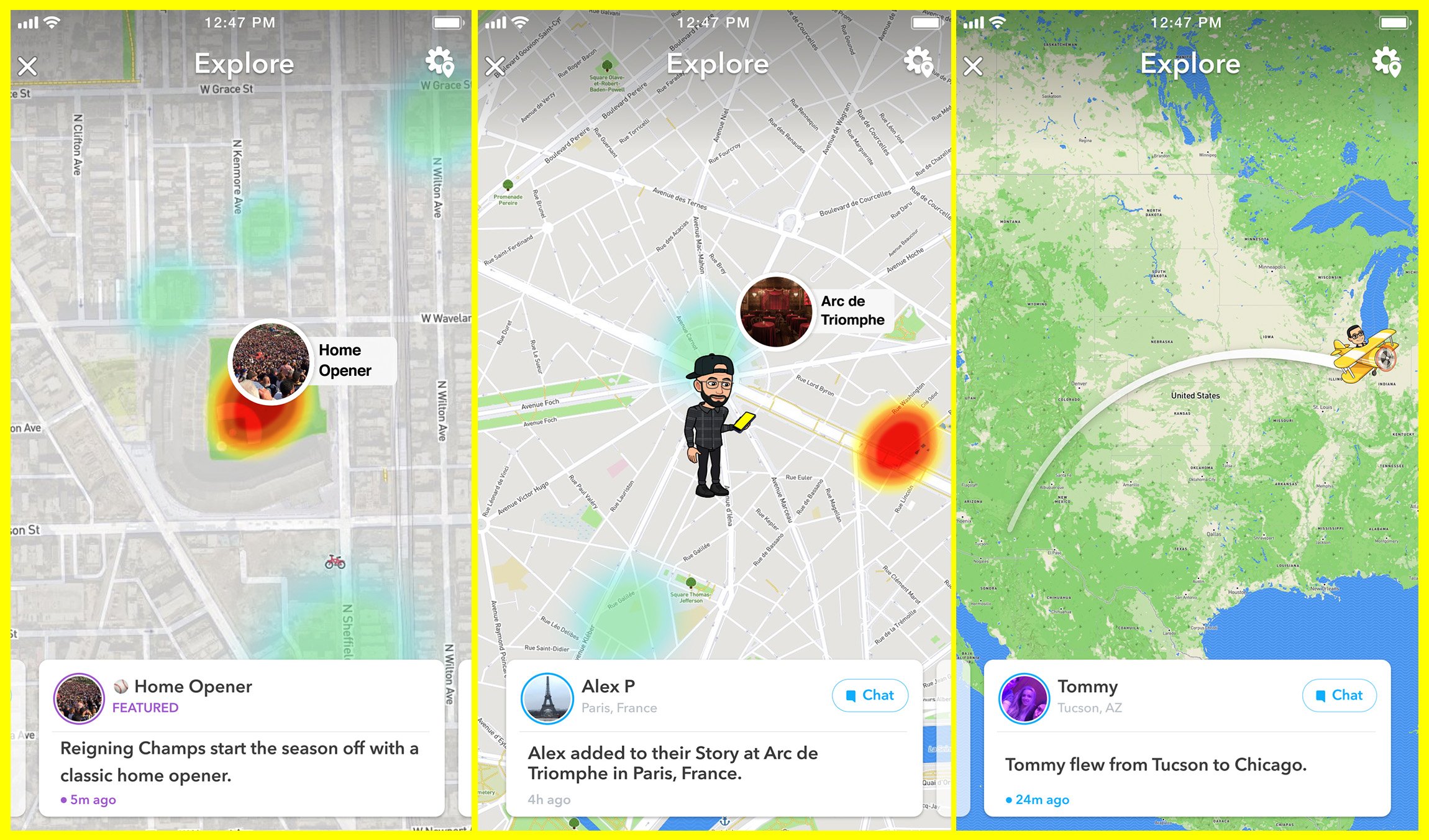 Three screensshots from the new Snapchat map.