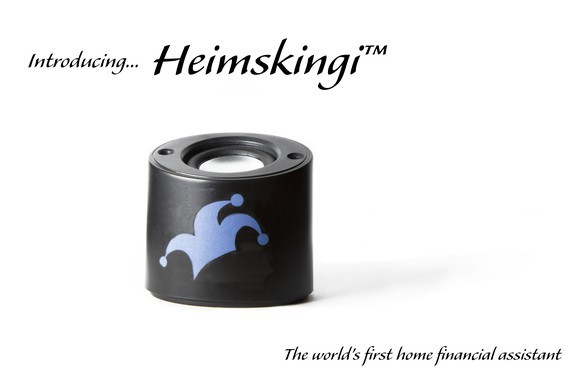 Speaker with blue Motley Fool jester cap logo on the front. Title says Introducing Heimskingi, the world's first home financial assistant