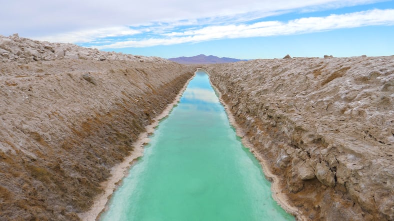 A solar evaporation runway for producing potash.