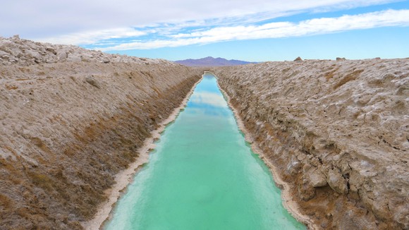A solar evaporation runway for producing potash.