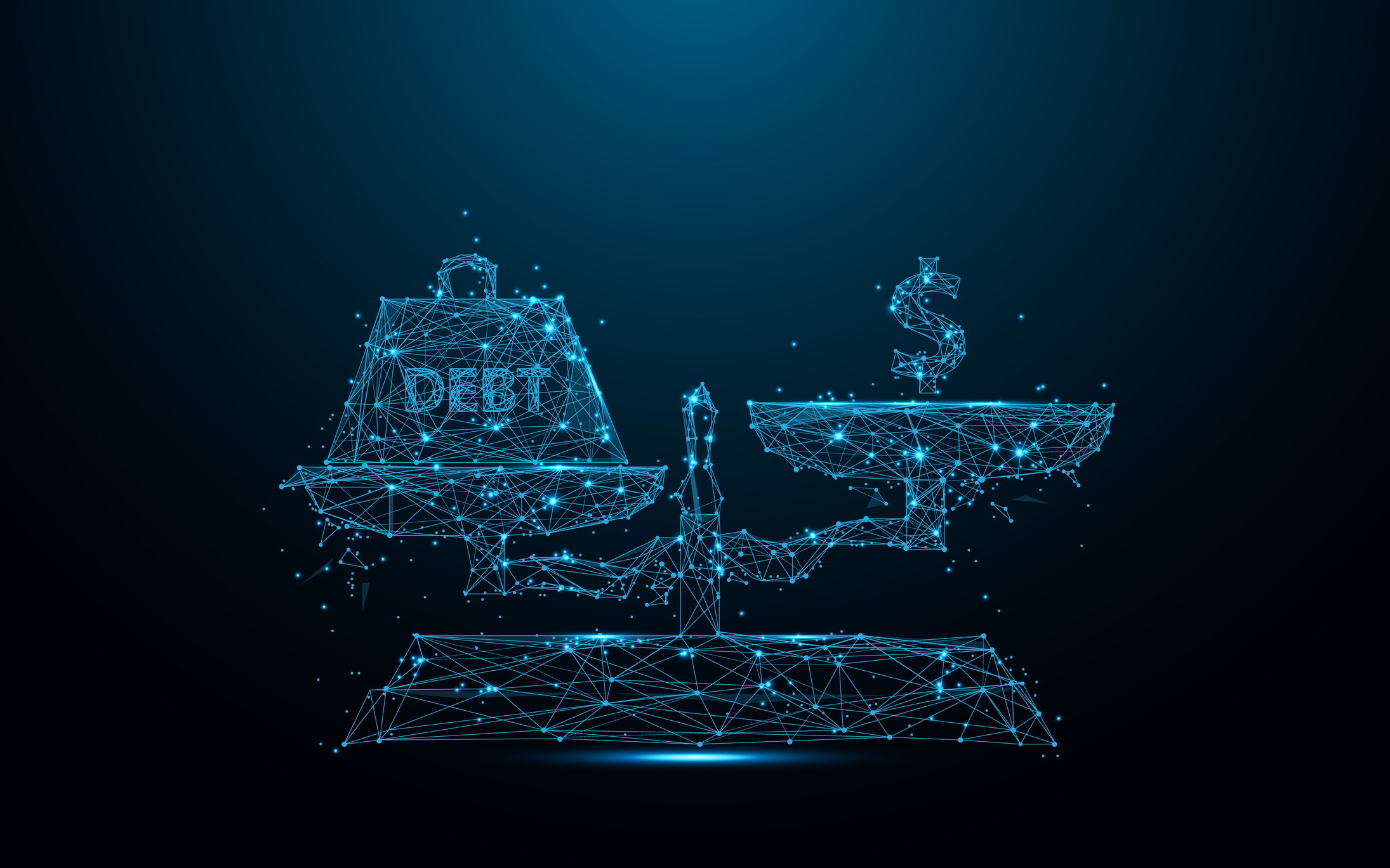A lit-up, blue balance scale with debt written on the left and a dollar sign on the other.