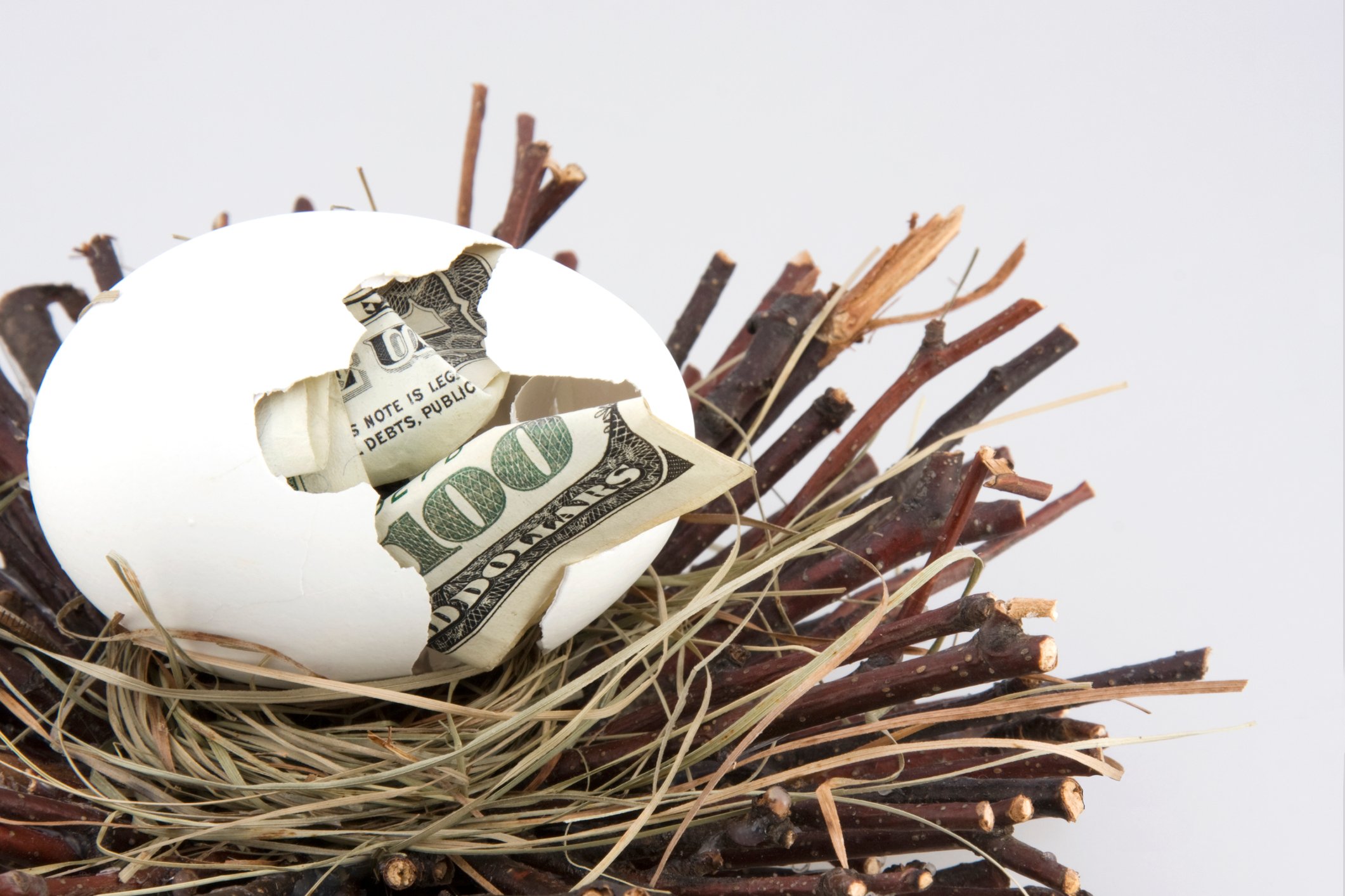 Egg cracked open with money inside of it.