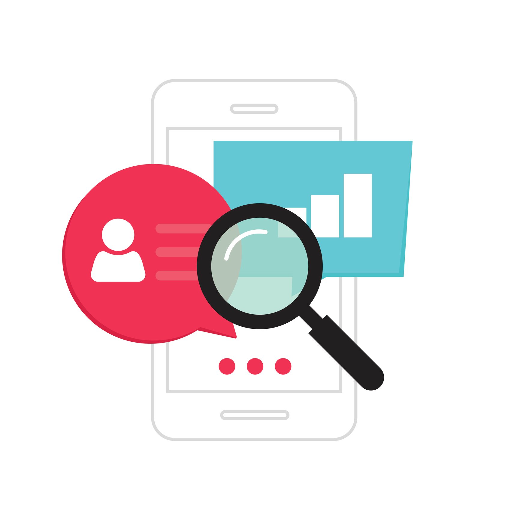 An illustration of a mangifying glass over a mobile phone displaying a messenging window and a bar chart.