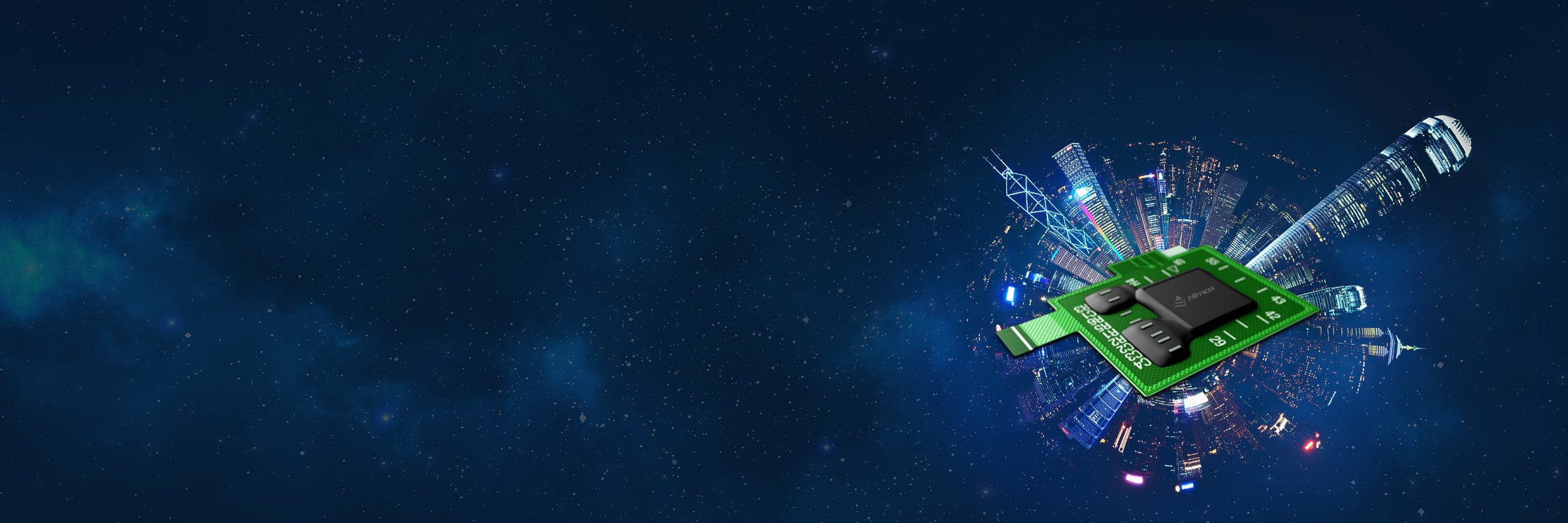 A Himax chip on a circuit board on top of a circular rendering of a city skyline.