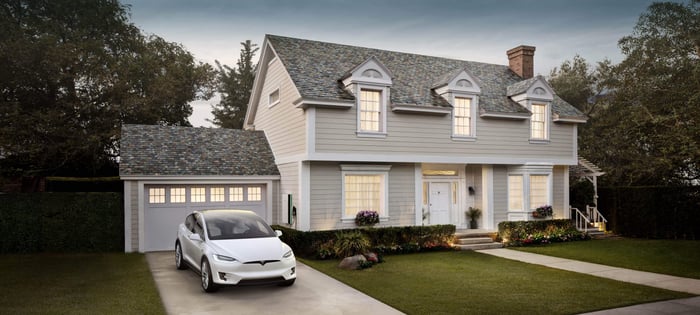 Tesla Solar Roof in slate on a home. 