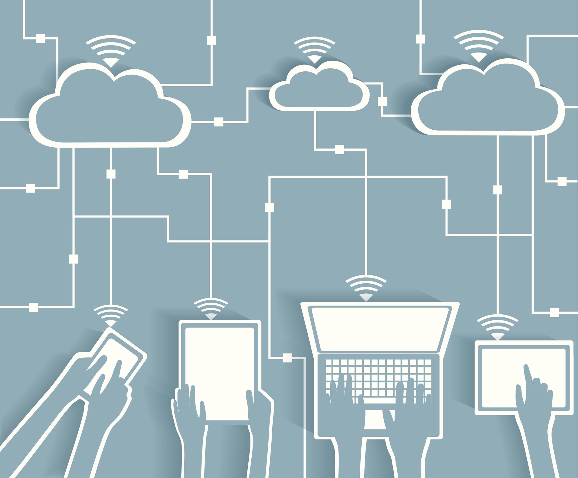 Illustration of hands holding devices, connected to clouds via flowchart arrows