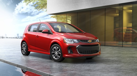 A red 2017 Chevrolet Sonic, a small hatchback