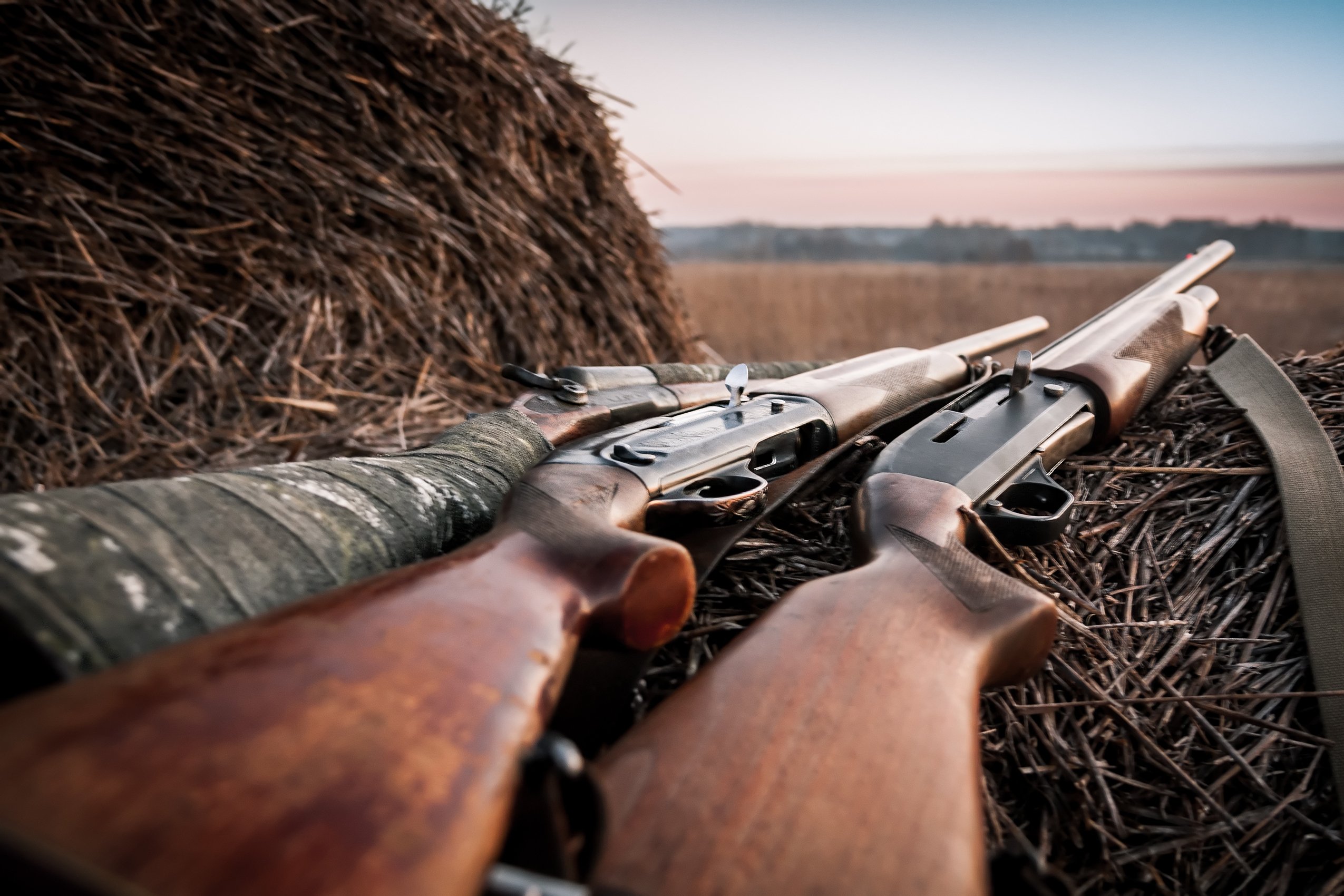 Three rifles sitting on hay bales. 