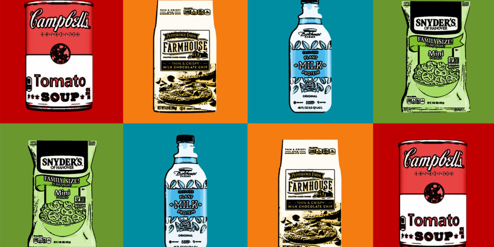 Illustrated panel of Campbell Soup snack and soup products.