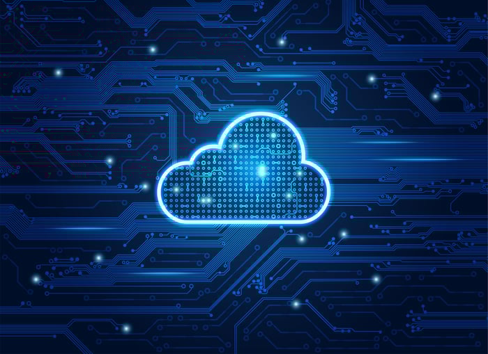 Cloud shape superimposed over computer circuitry.
