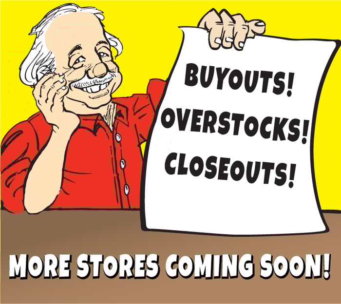 Ollie's mascot is holding a paper that reads "Buyouts! Overstocks! Closeouts!" while the picture reads more stores are coming soon.