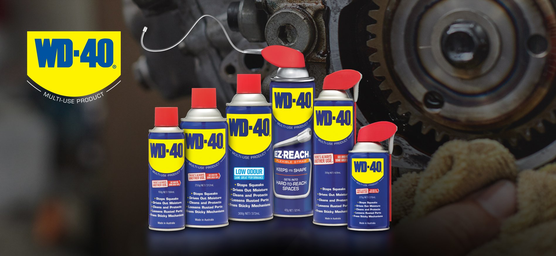 Cans of WD-40 brand products.