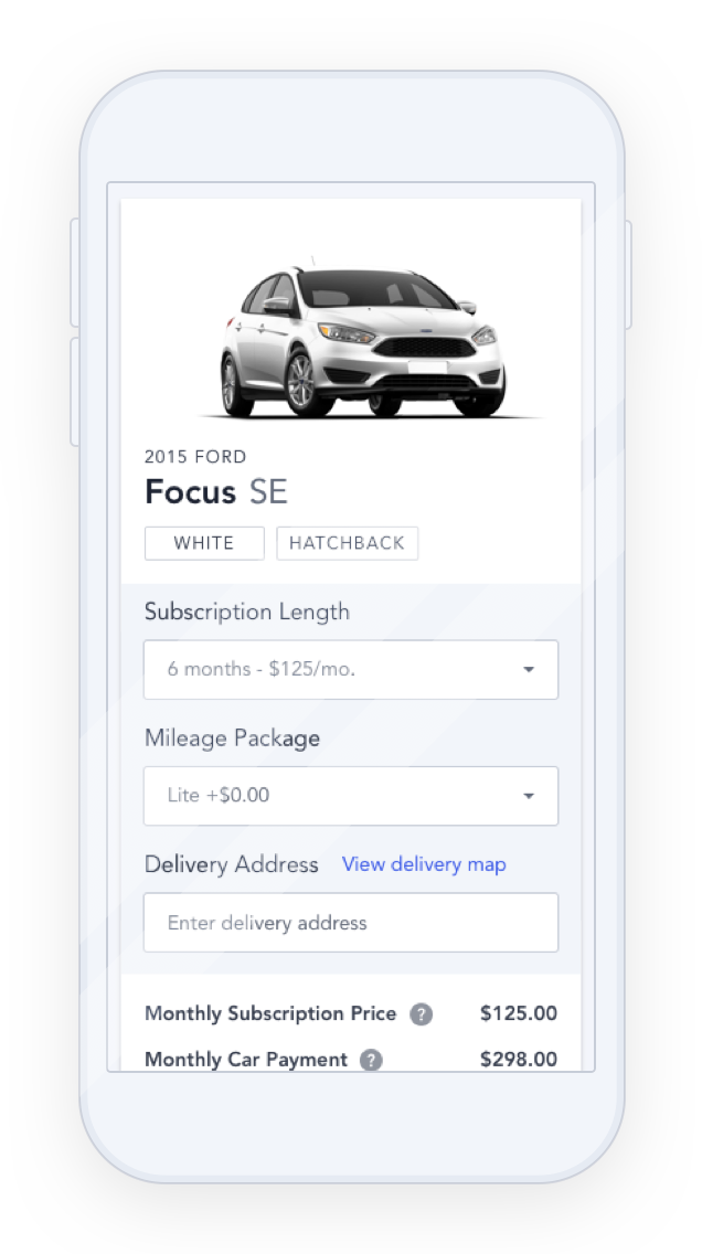 A smartphone with Ford's Canvas app running. A white Ford Focus car is displayed with options and monthly pricing.