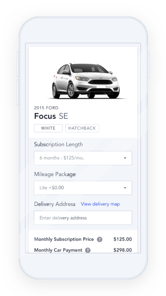 A smartphone with Ford's Canvas app running. A white Ford Focus car is displayed with options and monthly pricing.