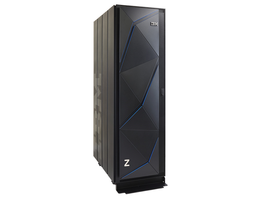 IBM's z14 Model ZR1 single-frame mainframe standign against a white background.