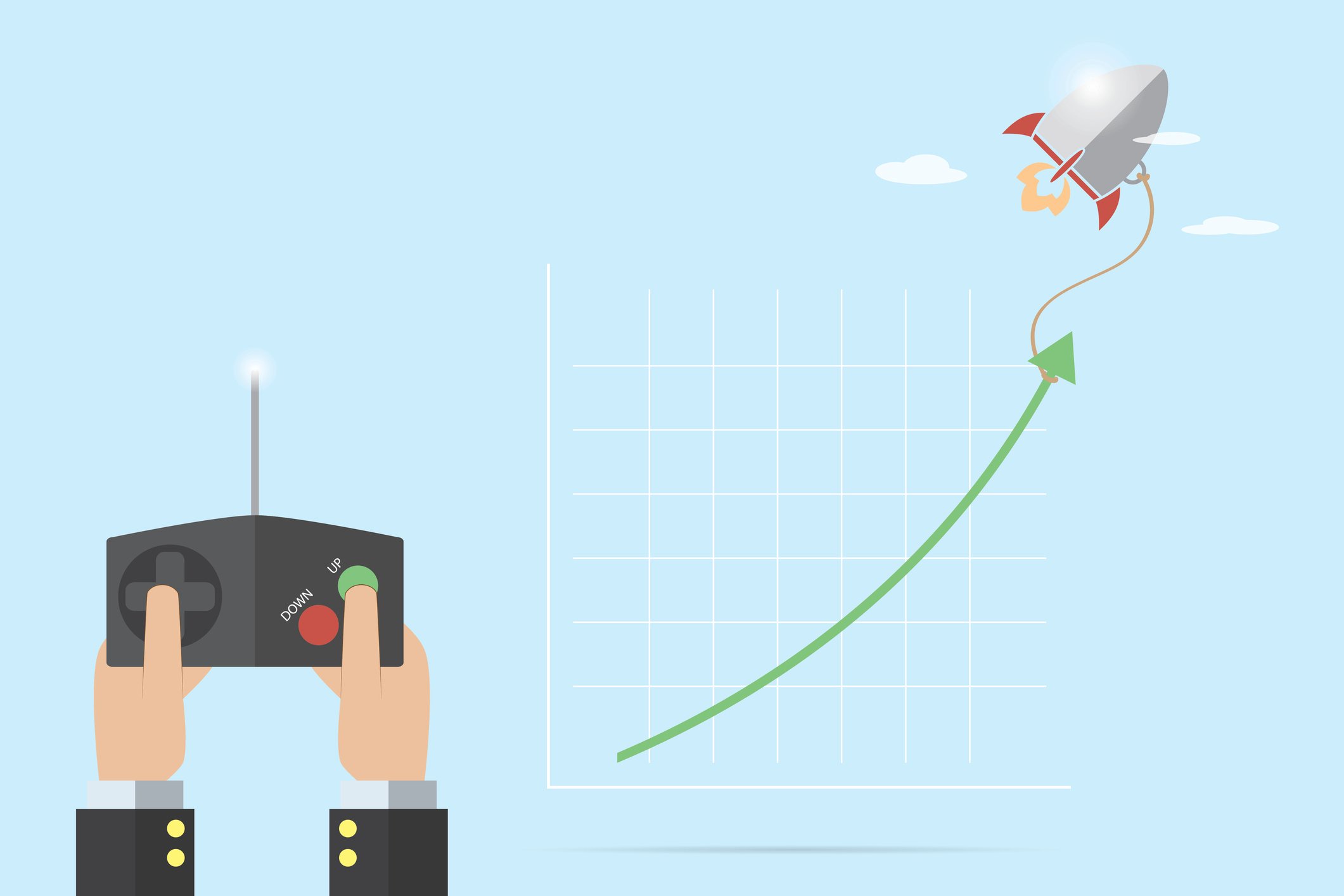 Cartoon of a remote control sending a drone upward