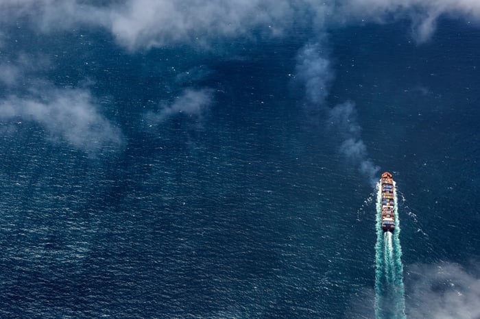 A container ship on the blue sea.