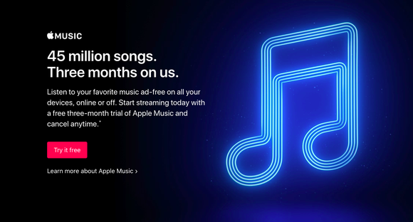 A big blue music note on an ad banner for Apple Music 