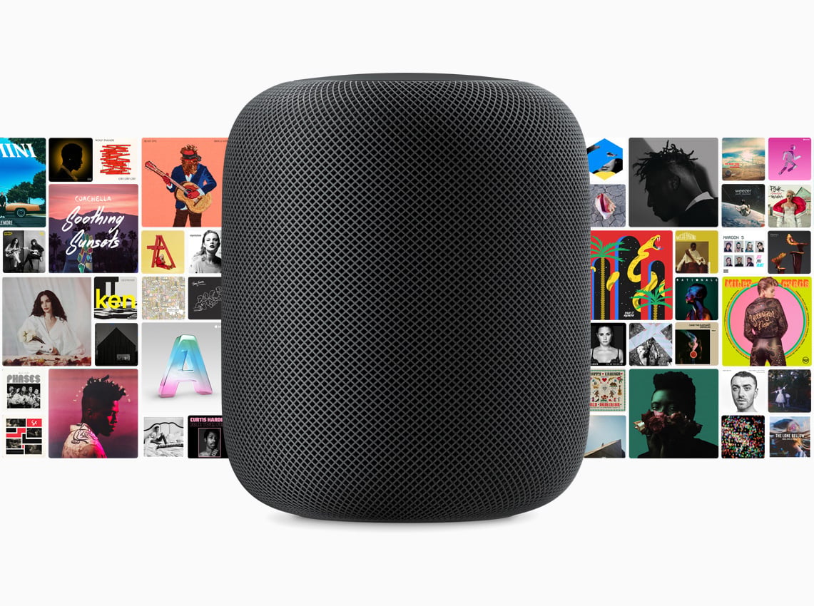 Apple HomePod smart speaker in front of tiled images of a variety of musical artists.