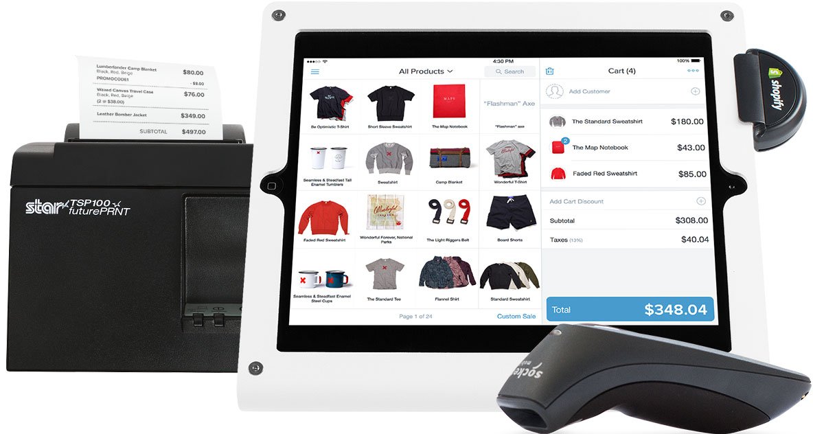 Shopify app on a tablet with a credit card reader, along with a bar-code scanner, and receipt printer.