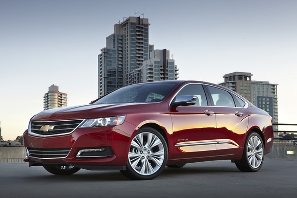 A red 2018 Chevrolet Impala, a full-size sedan.