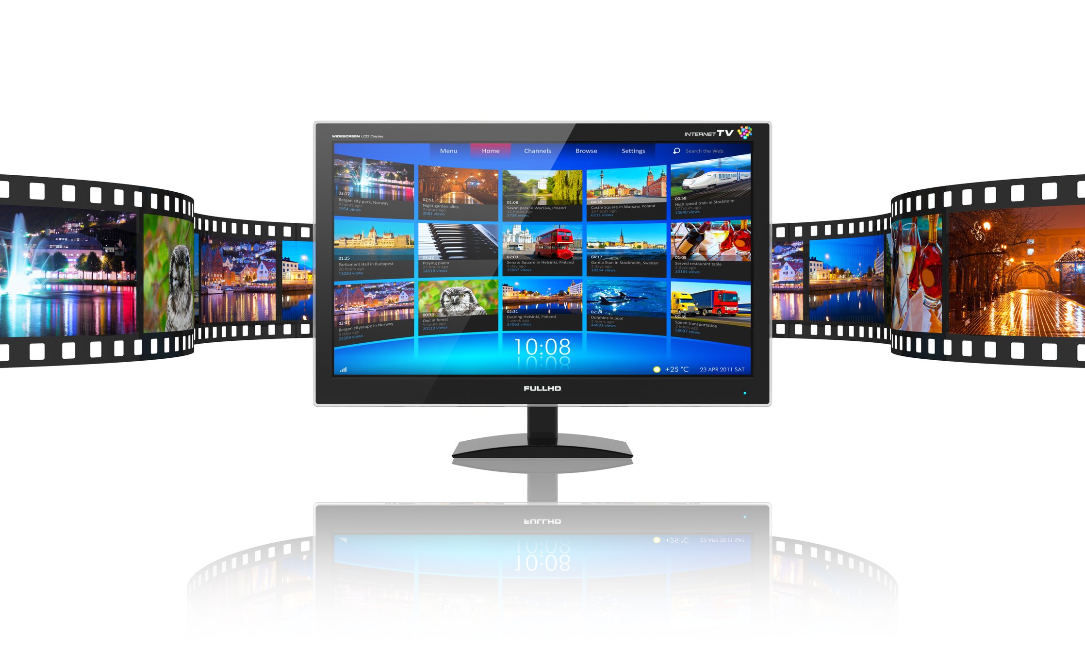 Movie film scrolling across a TV screen