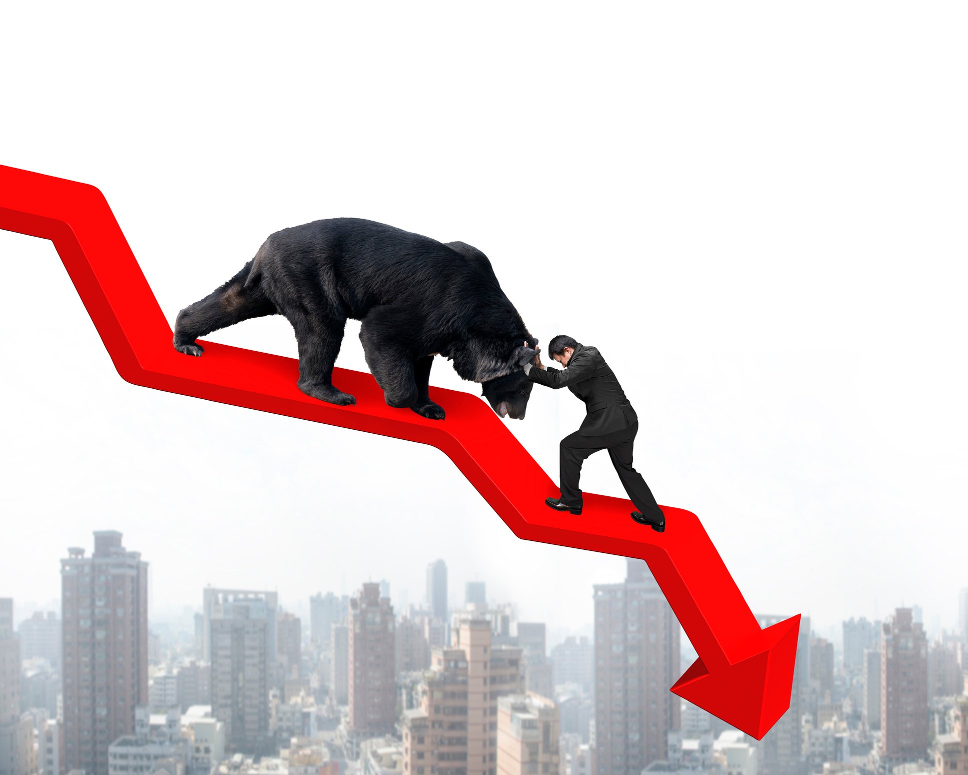 A bear on a line chart with a downward trend