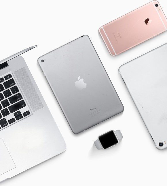 An assortment of Apple devices including the iPad, iPhone, Apple Watch, and Mac.