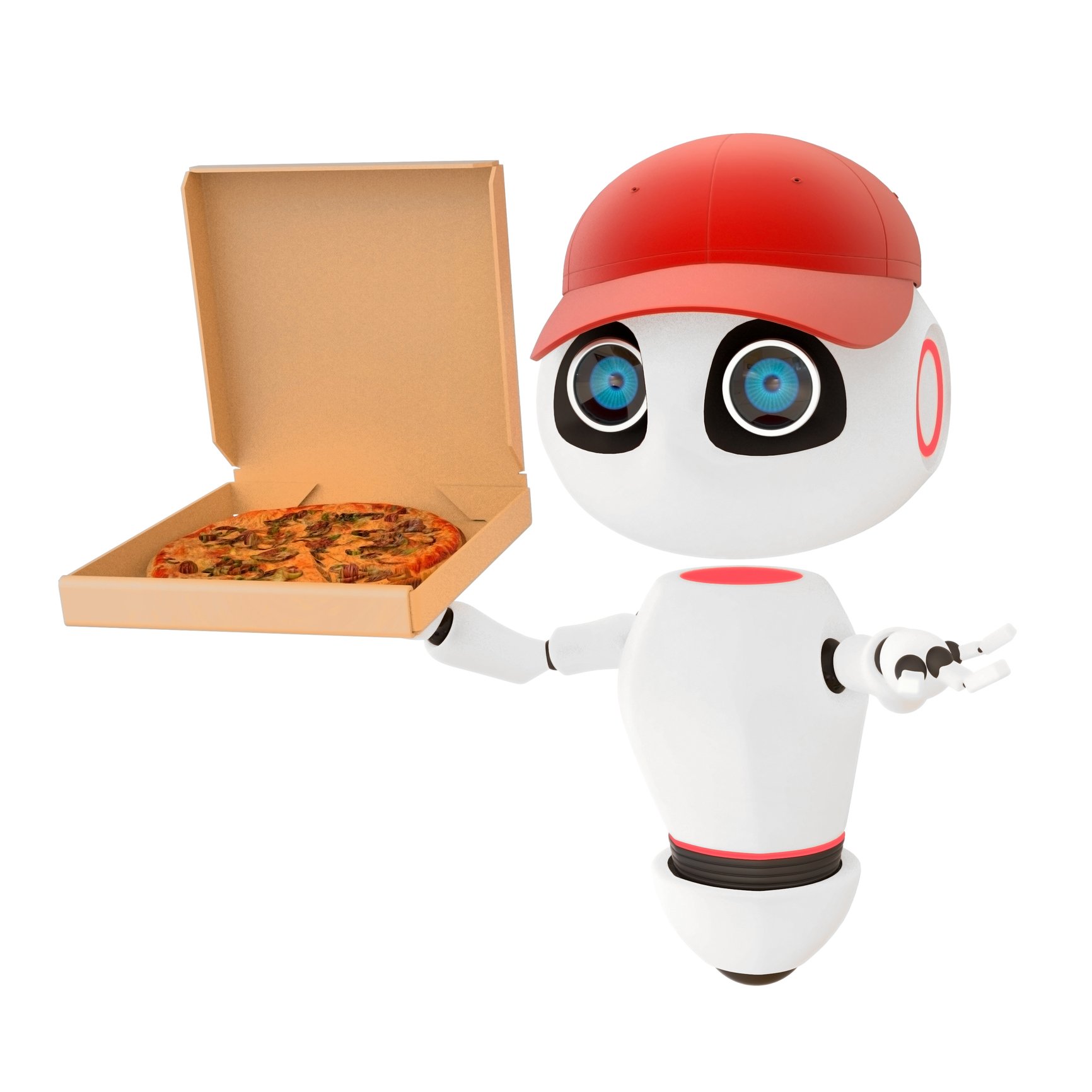 An illustration of a robot holding a pizza