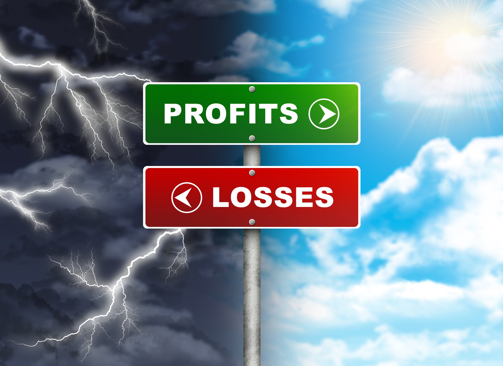 A crossroads sign, with a green profits sign pointing right at blue sky and a red losses sign pointing left at grey thunder and lightning.