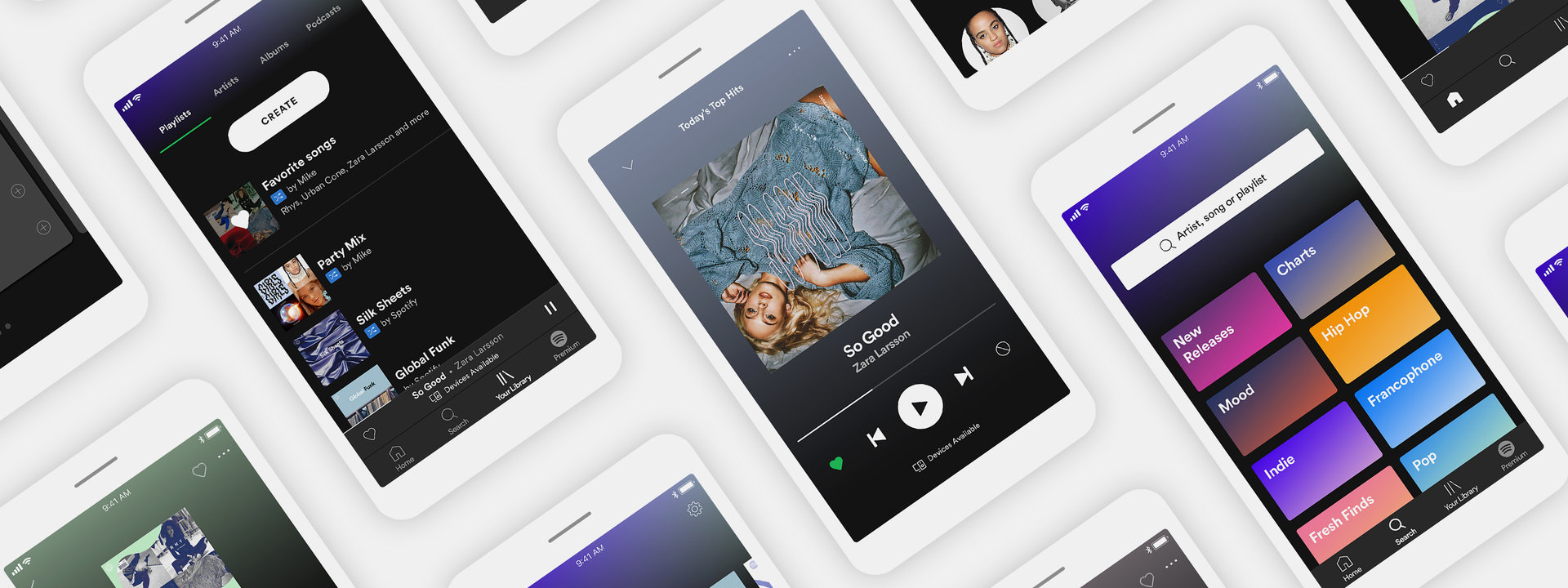 Screenshots of Spotify's new mobile app on multiple devices.