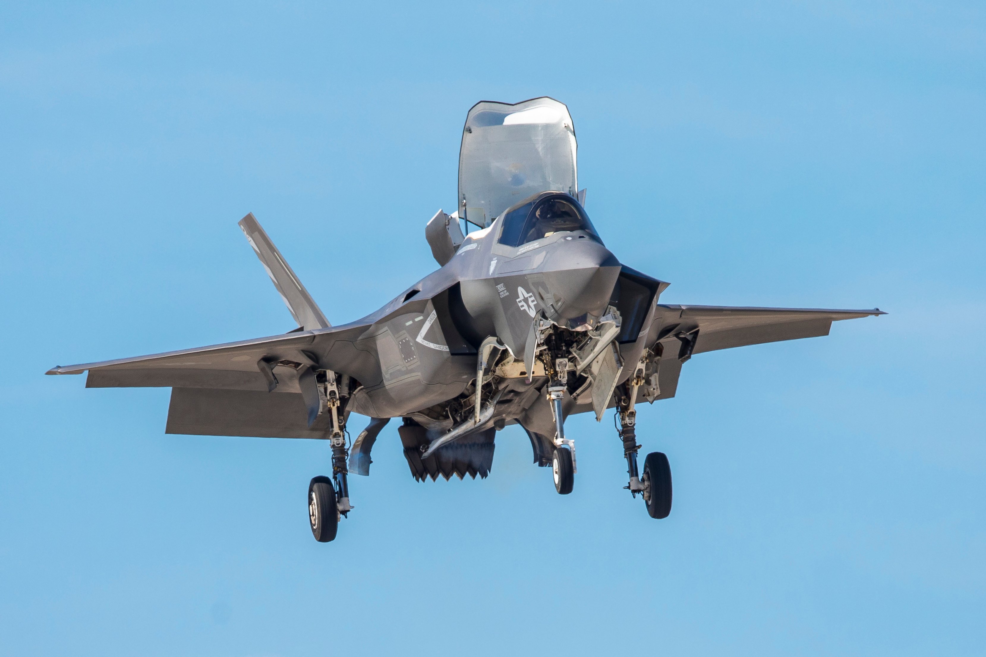 F-35 hovering with cockpit open