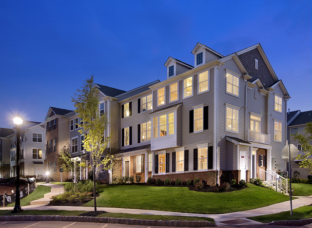 A row of newly constructed townhomes