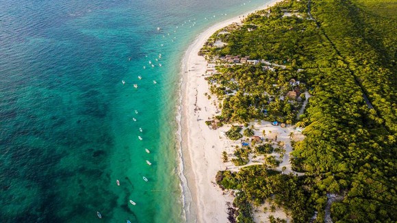 An aerial shot of the beach in Tulum, Mexico