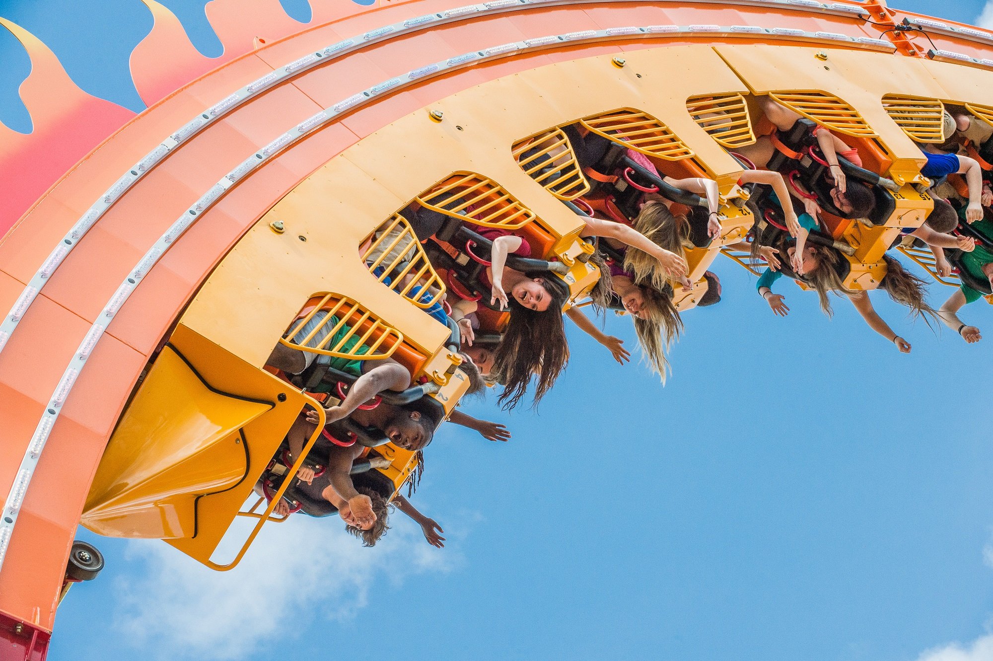Six Flags patrons upside down on a roller coaster