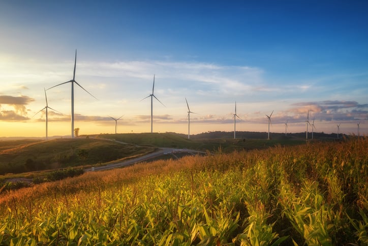 Wind turbines in rolling plains.