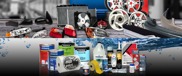 Assortment of auto parts and accessories, including wheels, radiators, lights, and cleaning products.