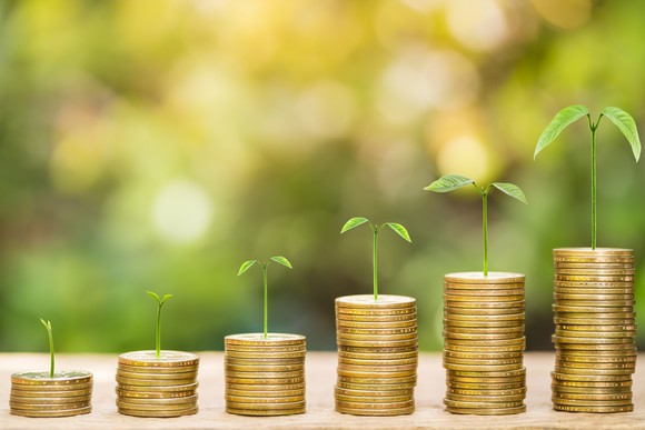 Tree growing on one dollar coins arranged as a graph on wood table with a blurred natural background.