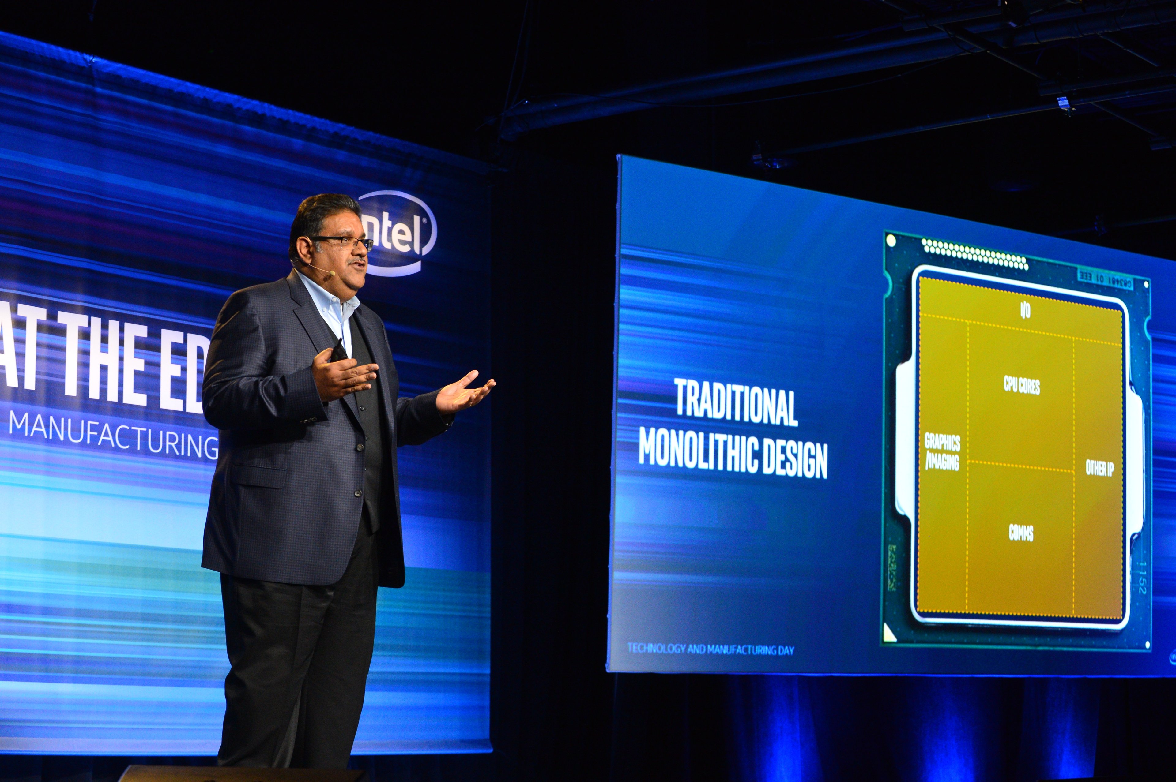Intel executive Murthy Renduchintala presenting at the company's Technology and Manufacturing Day in 2017.