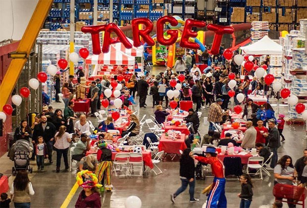 A sign says Target in a crowded store.