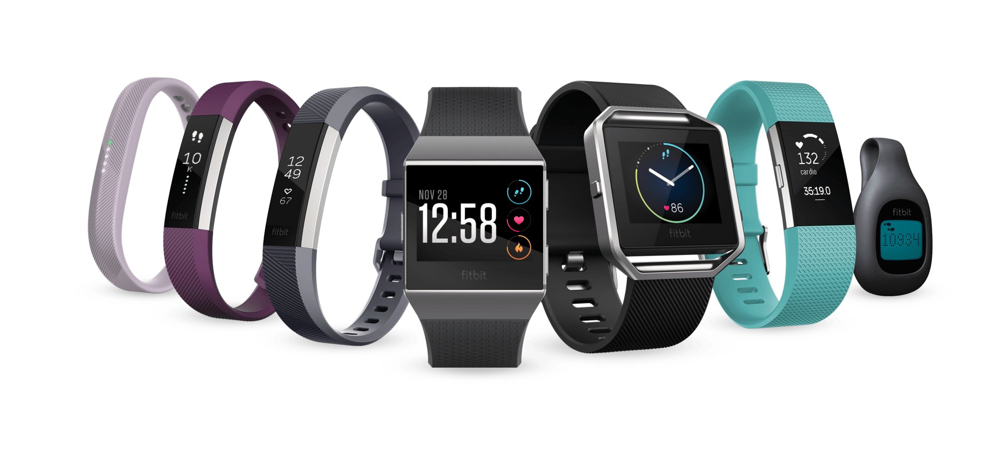 Fitbit's family of seven different fitness trackers.