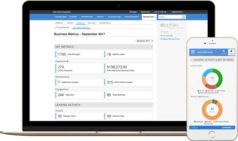 Computer and phone showing AppFolio software
