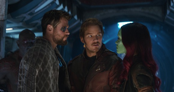 In a still from "Avengers: Infinity War," Thor, Star-Lord, and Gamora stand talking