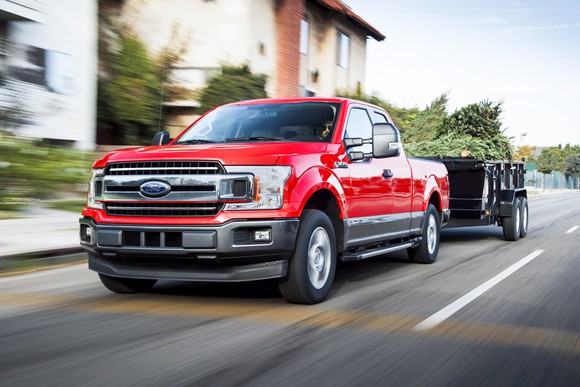 A red Ford F-150 diesel-powered pickup truck is shown pulling a trailer. 