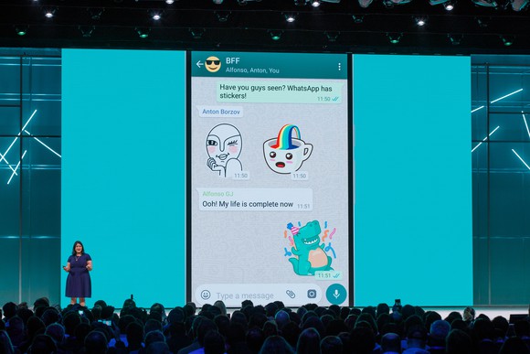 Mubarik Imam, head of growth and partnerhsips at WhatsApp, presenting at Facebook's developers conference.
