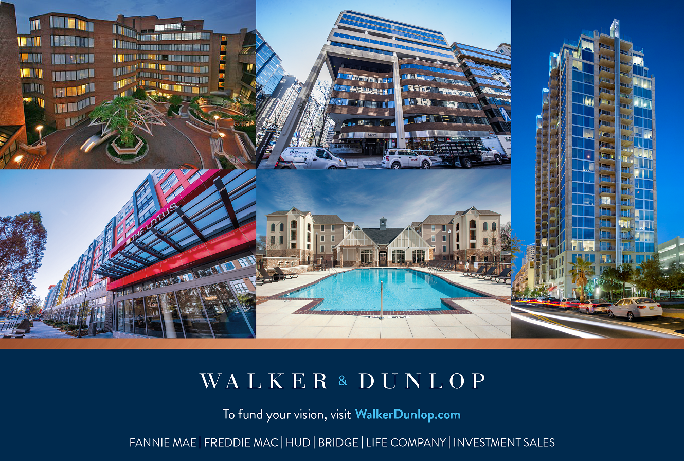 Five commercial and multifamily properties with Walker & Dunlop information at the bottom.