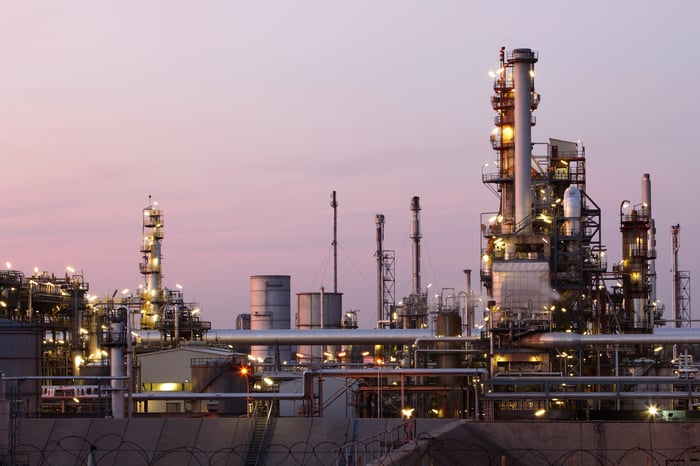 Oil refinery at dusk