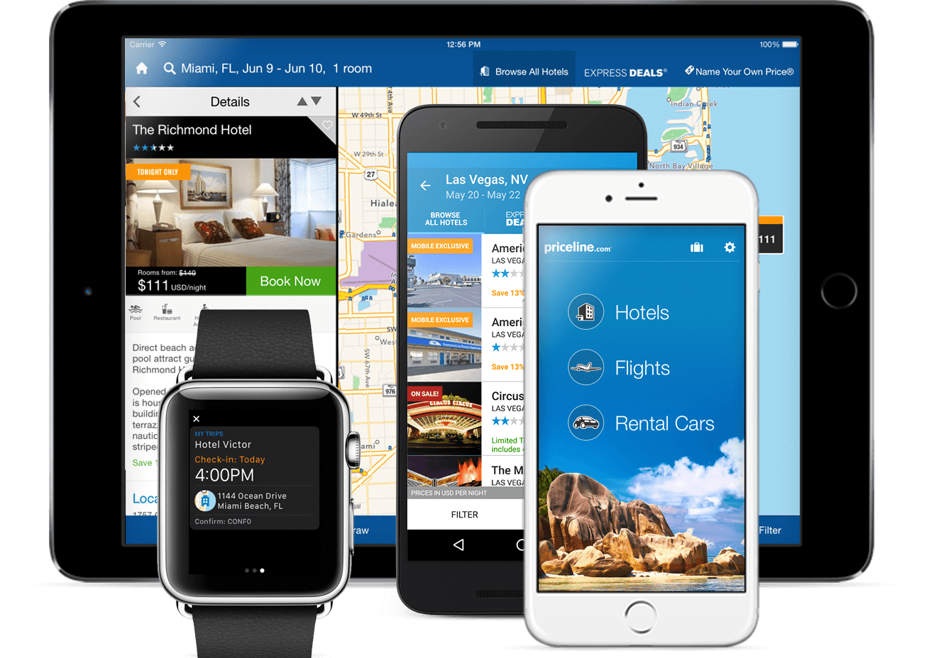 Booking.com across various smartphones, smartwatches, and tablets.